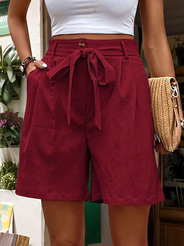 High Waisted Loose Buttoned Elasticity Pleated Pockets Tied Waist Shorts Bottoms