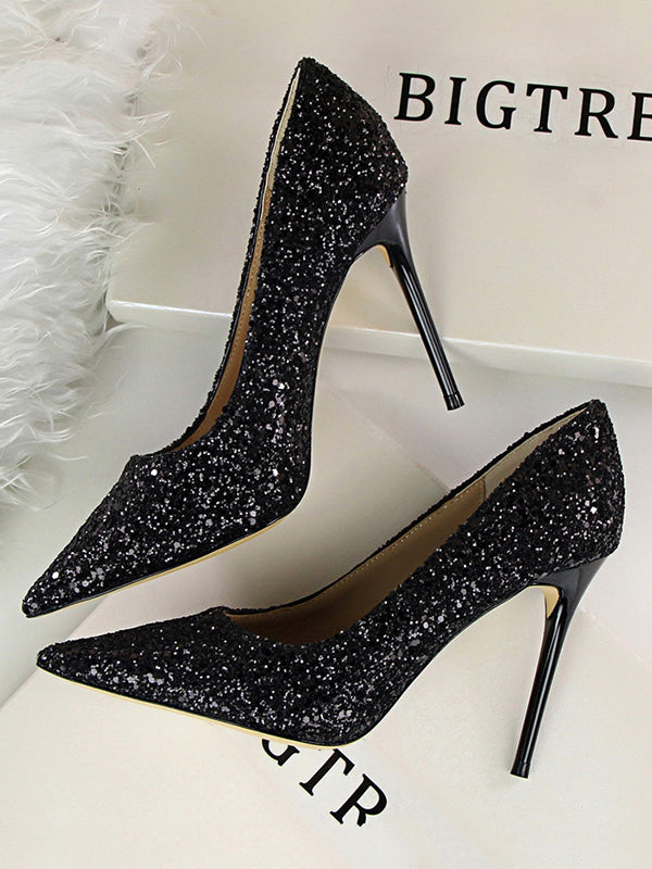 Pointed-Toe Sequined Shallow Cut Pumps