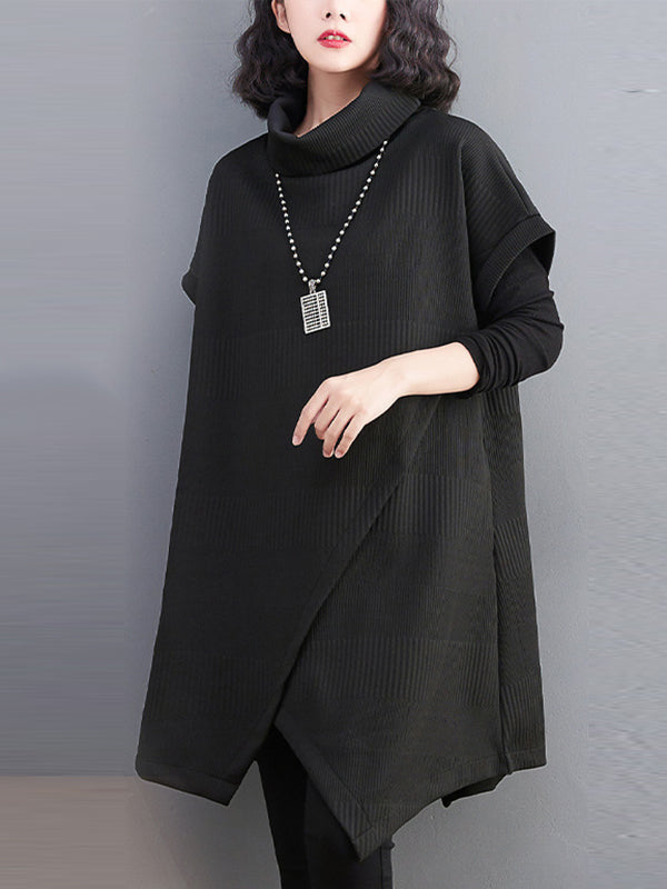 Short Sleeves Asymmetric Solid Color Split-Front High-Neck Knitwear Mini Dresses