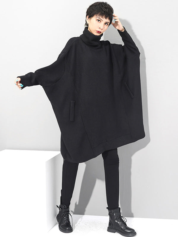 Super Loose Black High-Neck Knitting Batwing Sleeves Sweater Dress