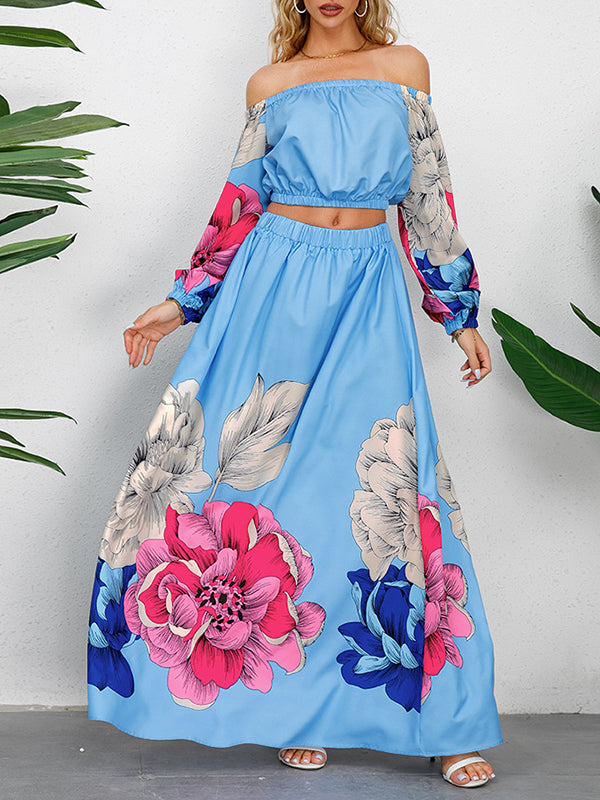 A-Line Elasticity Flower Print Pleated Off-The-Shoulder Shirts Top + High Waisted Skirts Bottom Two Pieces Set