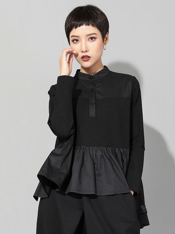 Original Creation Long Sleeves Loose Falbala Split-Joint Stand Collar T-Shirts Tops