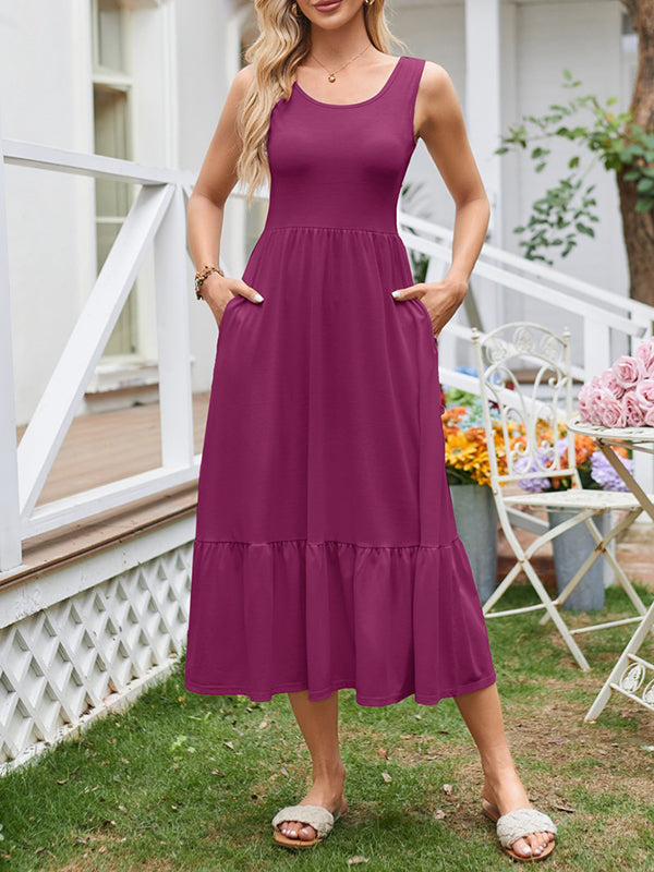 A-Line Loose Pleated Pockets Solid Color Split-Joint Round-Neck Midi Dresses