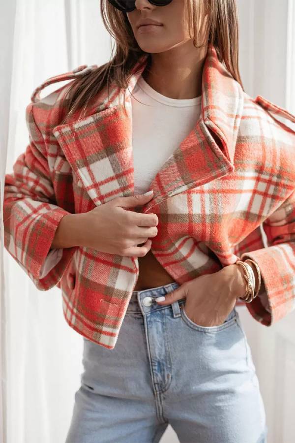 Women Fall/Winter Turndown Collar Plaid Print Jacket