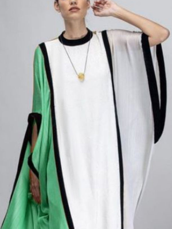 Batwing Sleeves Half Sleeves Contrast Color Split-Joint Round-Neck Maxi Dresses