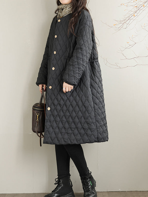 Long Sleeves Loose Buttoned Cotton-Padded Clothes Quilted Round-Neck Padded Coat Padded Coat/Down Coat