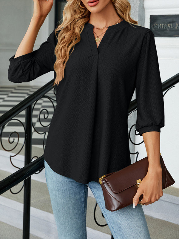 Loose Puff Sleeves Jacquard Pleated Solid Color Split-Joint V-Neck T-Shirts Tops