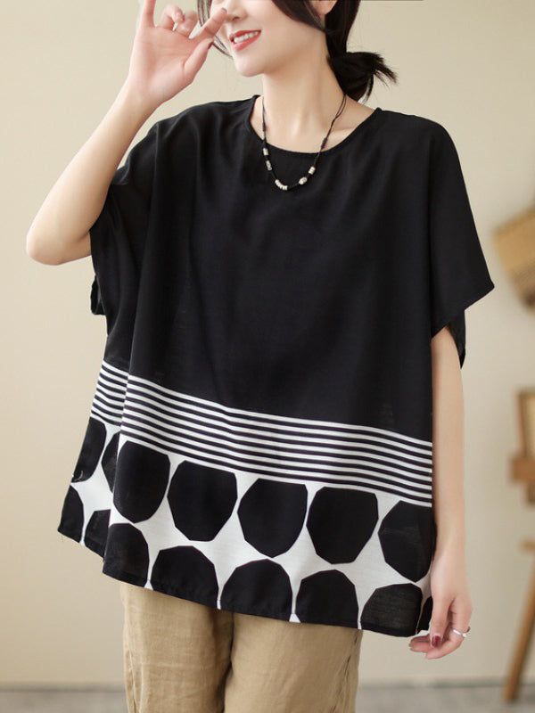 Loose Short Sleeves Polka Dot Split-Joint Striped Round-Neck T-Shirts Tops