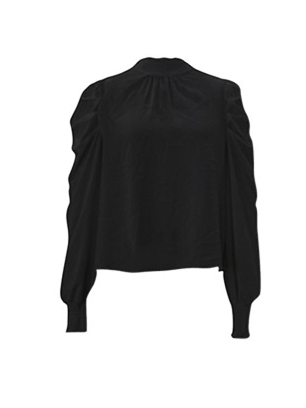 Casual Long Sleeves Puff Sleeves Pleated Solid Color Half Turtleneck Blouses&Shirts Tops