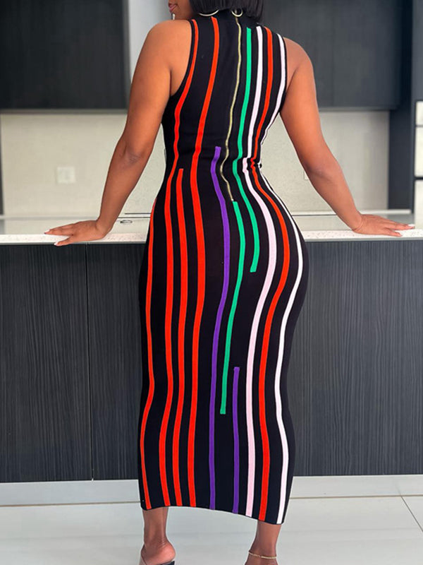 Bodycon High Waisted Contrast Color Printed High Neck Midi Dresses