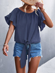 Loose Short Sleeves Elasticity Falbala Pleated Solid Color Tied Round-Neck T-Shirts Tops