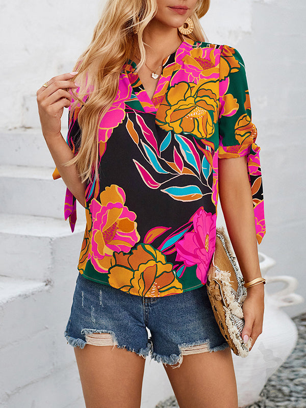 Loose Short Sleeves Flower Print Tied V-Neck Blouses&Shirts Tops