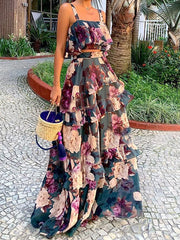 Loose Flower Print Layered Split-Joint Spaghetti-Neck Vest Top +High Waisted Skirts Bottom Two Pieces Set