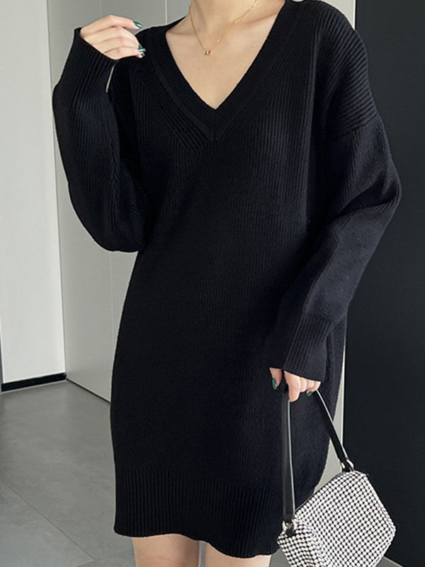 Simple Loose Long Sleeves Solid Color V-Neck Sweater Dresses