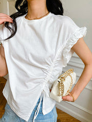 Loose Short Sleeves Asymmetric Drawstring Pleated Ruffle Trim Solid Color Split-Front Round-Neck T-Shirts Tops