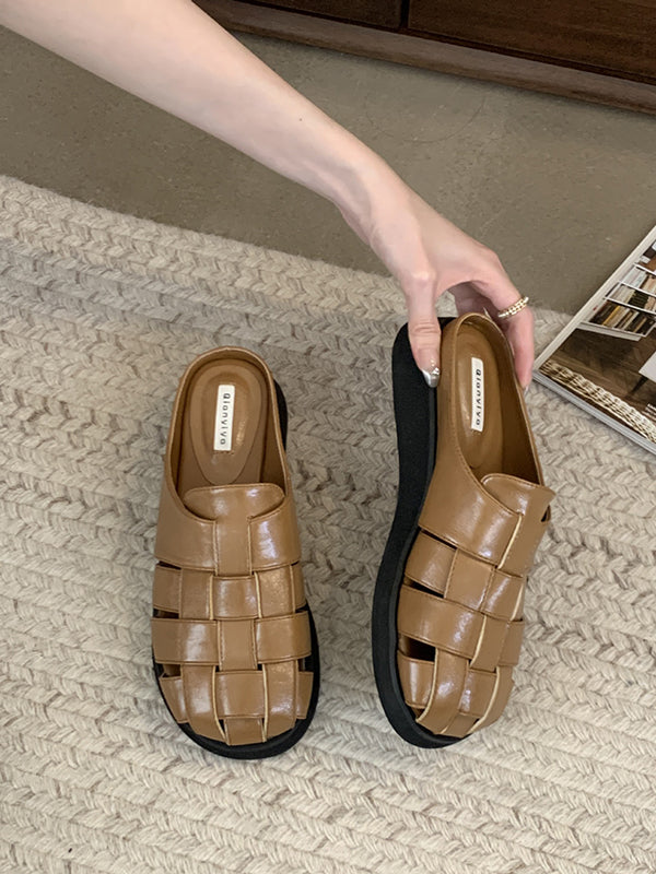 Hollow Round-Toe Split-Joint Woven Sandals Slippers&Mules