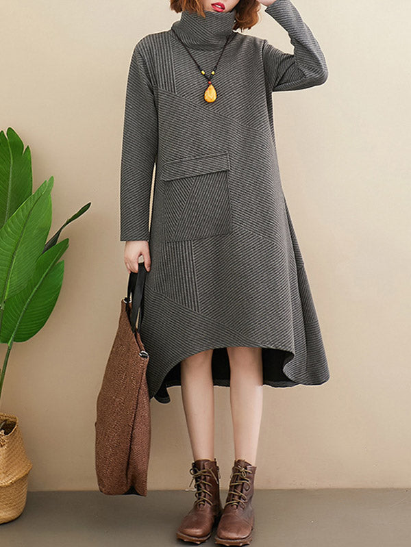 Original Solid High-Neck Irregularity Dress