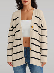 Long Sleeves Loose Split-Joint Striped V-Neck Cardigan Tops