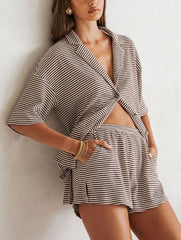 Striped Shirt Top Comfortable Loose Shorts Two-Piece Set