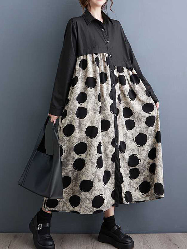 A-Line Long Sleeves Asymmetric Buttoned Polka-Dot Split-Joint Lapel Midi Dresses Shirt Dress