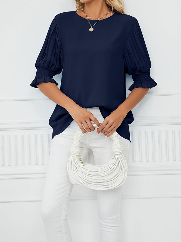 Loose Puff Sleeves Pleated Solid Color Round-Neck T-Shirts Tops