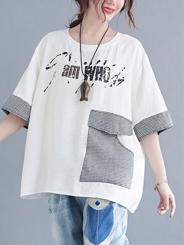 Original Letter Print Split-Joint Round-Neck T-Shirts Tops