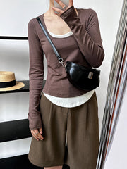 False Two Long Sleeves Contrast Color Round-Neck T-Shirts Tops