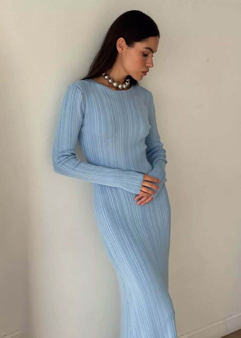 Elegant Ribbed Knit Long Sleeve Dress