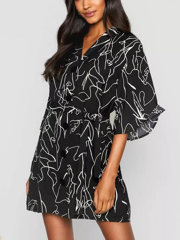 Batwing Sleeves Half Sleeves Buttoned Elasticity Pleated Printed V-Neck Mini Dresses