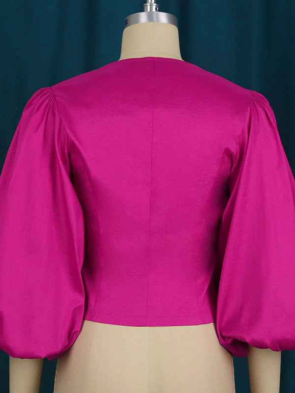 Stylish V-Neck Puff Sleeves Fuchsia Blouse