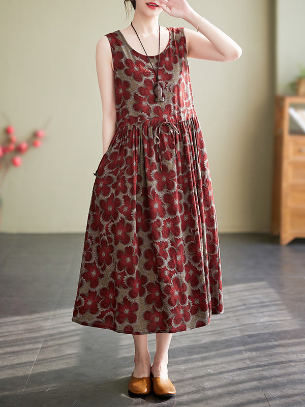 Loose Oversize Drawstring Floral Printed Round-Neck Midi Dresses