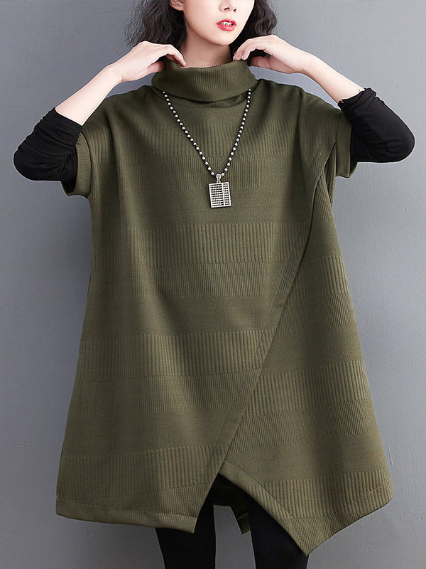 Short Sleeves Asymmetric Solid Color Split-Front High-Neck Knitwear Mini Dresses