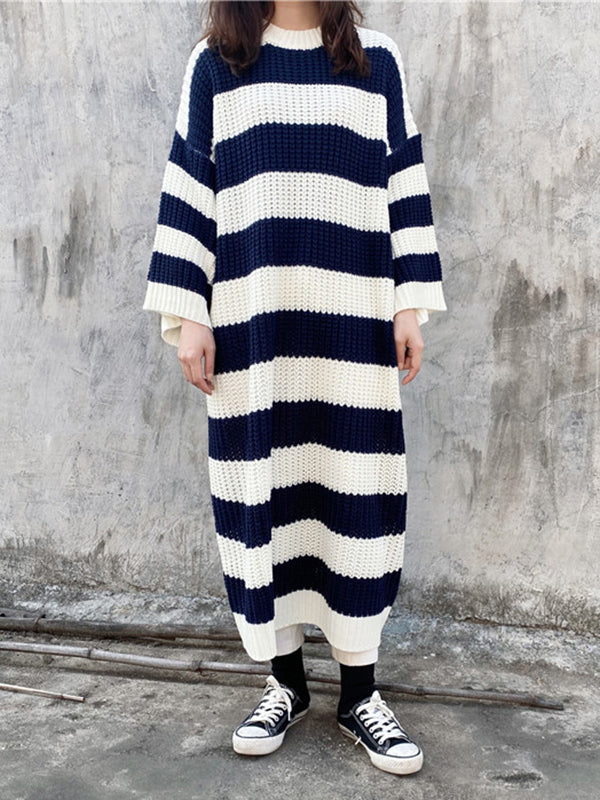 Stylish Loose Striped Round-Neck Sweater Dresses