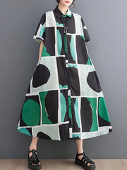 Loose Oversize Color-Block Printed Lapel Midi Dresses Shirt Dress