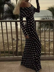 Long Sleeves Skinny Pleated Polka-Dot Split-Joint Tube Maxi Dresses