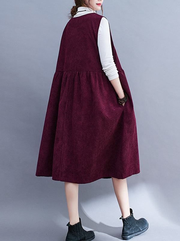 Artistic Retro Loose Sleeveless Solid Color Round-Neck Midi Dresses