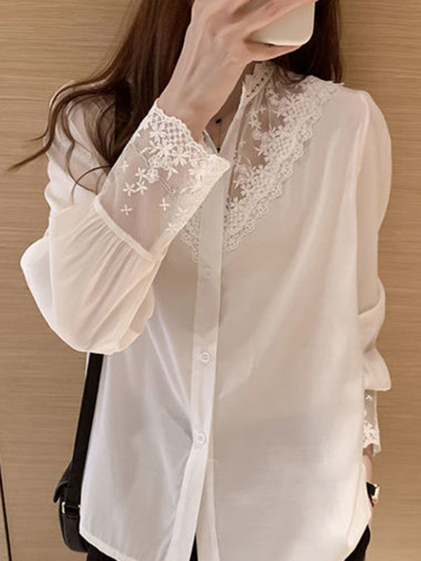 Urban Black White Lace Split-Joint Hollow Blouse