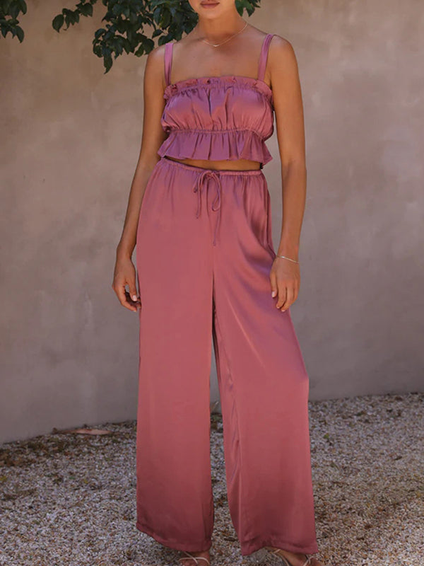 Elasticity Pleated Solid Color Spaghetti-Neck Tops + High Waisted Drawstring Pants Trousers Two Pieces Set