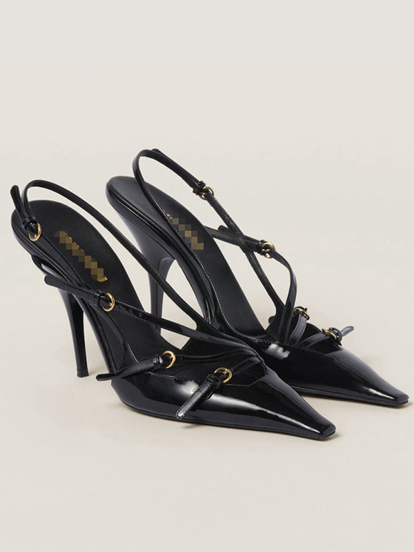 Belt Buckle Hollow Pointed-Toe Split-Joint Pumps Sandals Sling Shoes