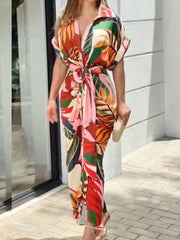 Loose Short Sleeves Pleated Printed Tied Waist Lapel Maxi Dresses Shirt Dress