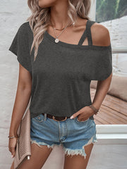 Loose Short Sleeves Asymmetric Solid Color Cold Shoulder T-Shirts