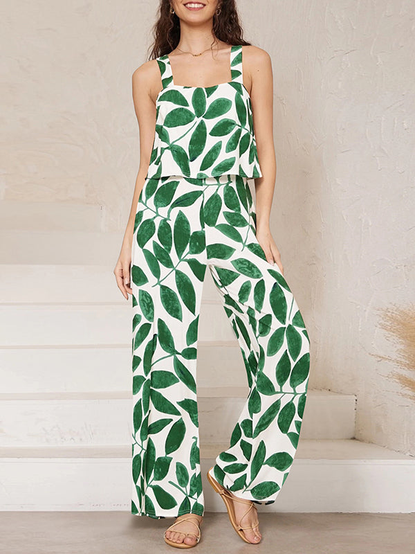 Loose Sleeveless Elasticity Leaves Print Pockets Spaghetti-Neck Jumpsuits