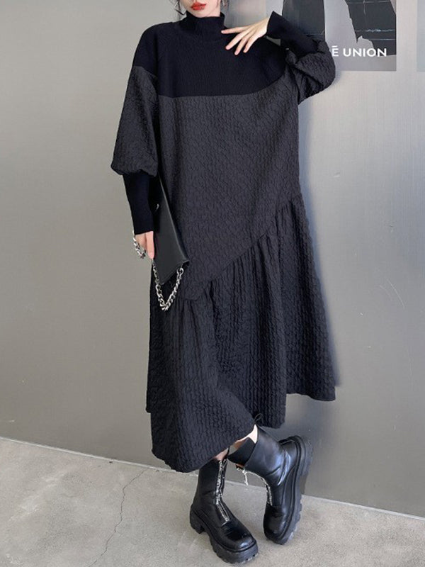 A-Line Long Sleeves Asymmetric Solid Color Split-Joint High-Neck Midi Dresses Sweater Dresses