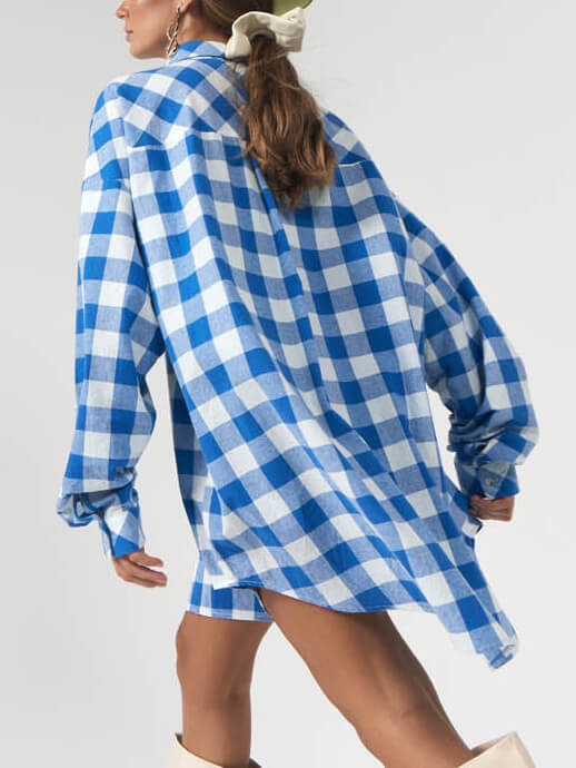 Fashionable Lapel Blue And White Plaid Loose Shirt Dress Long Shirt