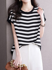 Loose Plus Size Contrast Color Striped Round-Neck T-Shirts