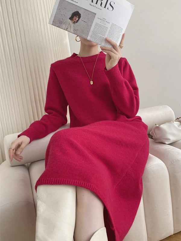 Urban Loose Long Sleeves Solid Color Round-Neck Sweater Dresses