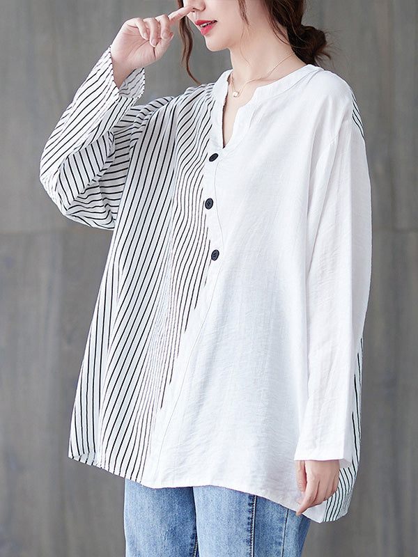 Casual Loose Long Sleeves Striped Split-Joint V-Neck T-Shirts Tops