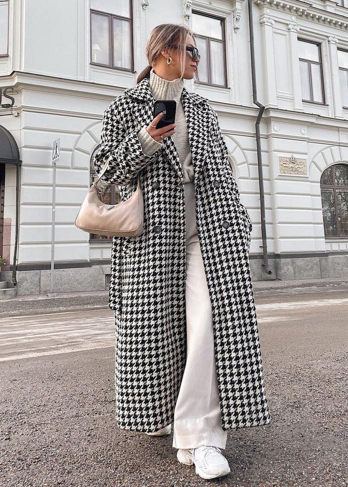 Chic Houndstooth Long Trench Coat – Elegant Women’s Outerwear