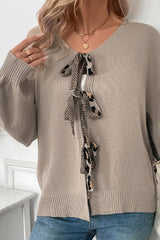 Gray Bowknot Front Leopard Heart Back Knit Cardigan