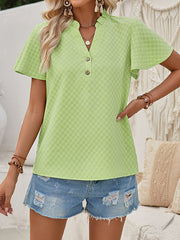 Flared Sleeves Loose Buttoned Ruffle Trim Split-Joint V-Neck Blouses&Shirts Tops